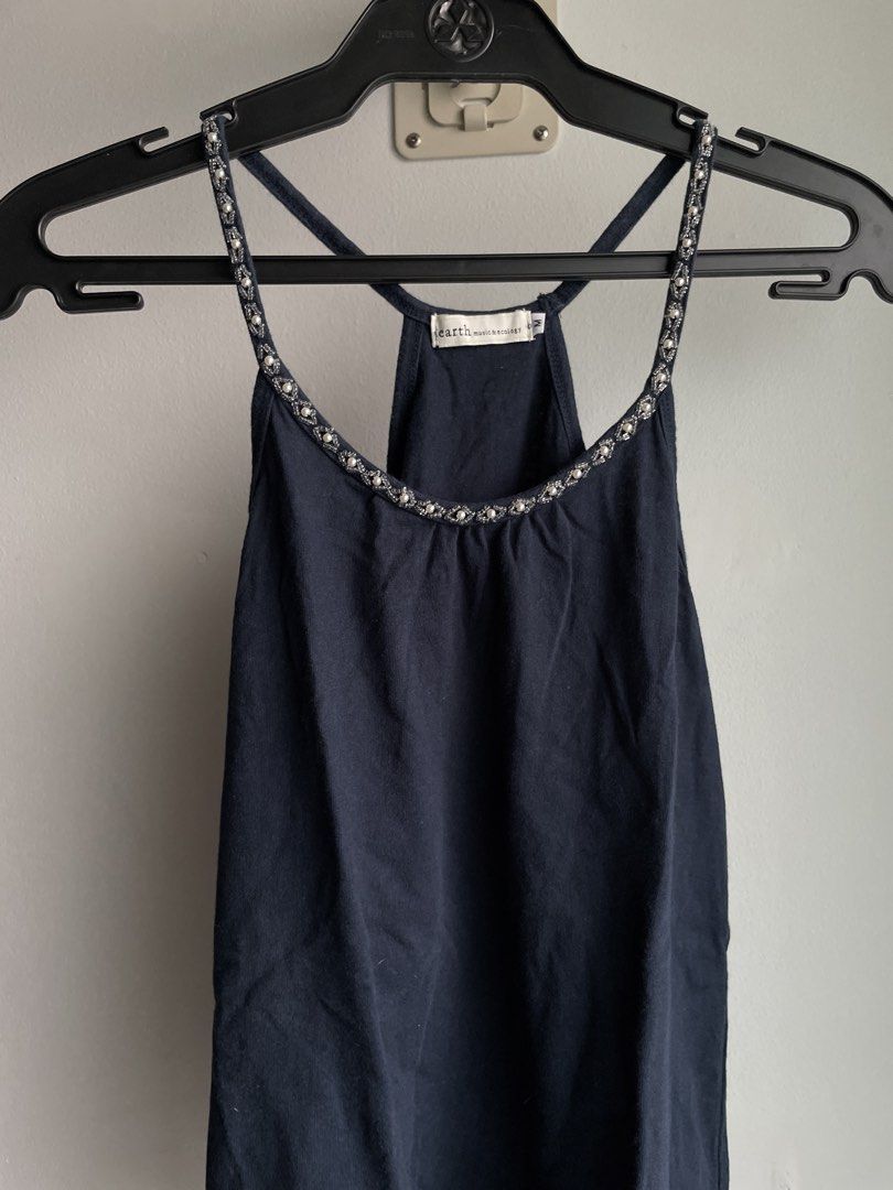 navy blue embezzled cami top (Category: Sleeveless) located in Marikina City. Submitted by secondsbydominique (Listing ID 1470823201, Image 2). Description: size small no flaws Helping tags: zara, miu the label, h&m, uniqlo, cotton on, brandy melville .