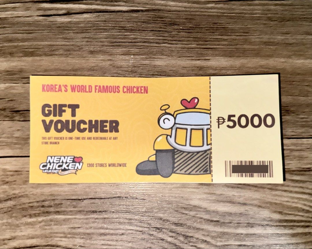 NeNe Chicken GC (Category: Vouchers) located in Kawit. Submitted by starboyshop (Listing ID 1470825212, Image 1). Description: Worth ₱5000 No expiration Can be use in all store branches Payment: GCASH / Cash Delivery - Grab / Lalamove SF shouldered by buyer Payment must be settled upon rider’s arrival Meet Up - SM MOA, PITX, BGC, One Ayala, Glorietta, Greenbelt, SM Bacoor.