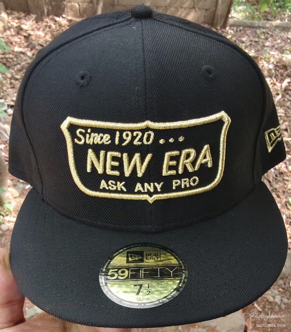 New Era 59FIFTY Black Fitted Hat 7 1/2 (Category: Caps & Hats) located in Manila. Submitted by sansmerci27 (Listing ID 1470901726, Image 1). Description: - Brand: New Era - Style: 59FIFTY Fitted Cap - Color: Black - Size: 7 1/2 - Design: Classic structured high crown with flat brim - Details: Features a gold embroidered 'Since 1920 New Era Ask Any Pro' patch on the front - Condition: Clean overall shape with original gold sticker intact and fully