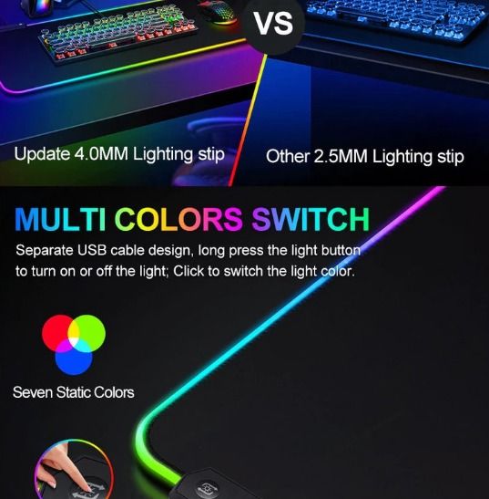 New RGB Gaming MousePad/7 LED Color Backlit+3 Lighting Model Large Desk ...