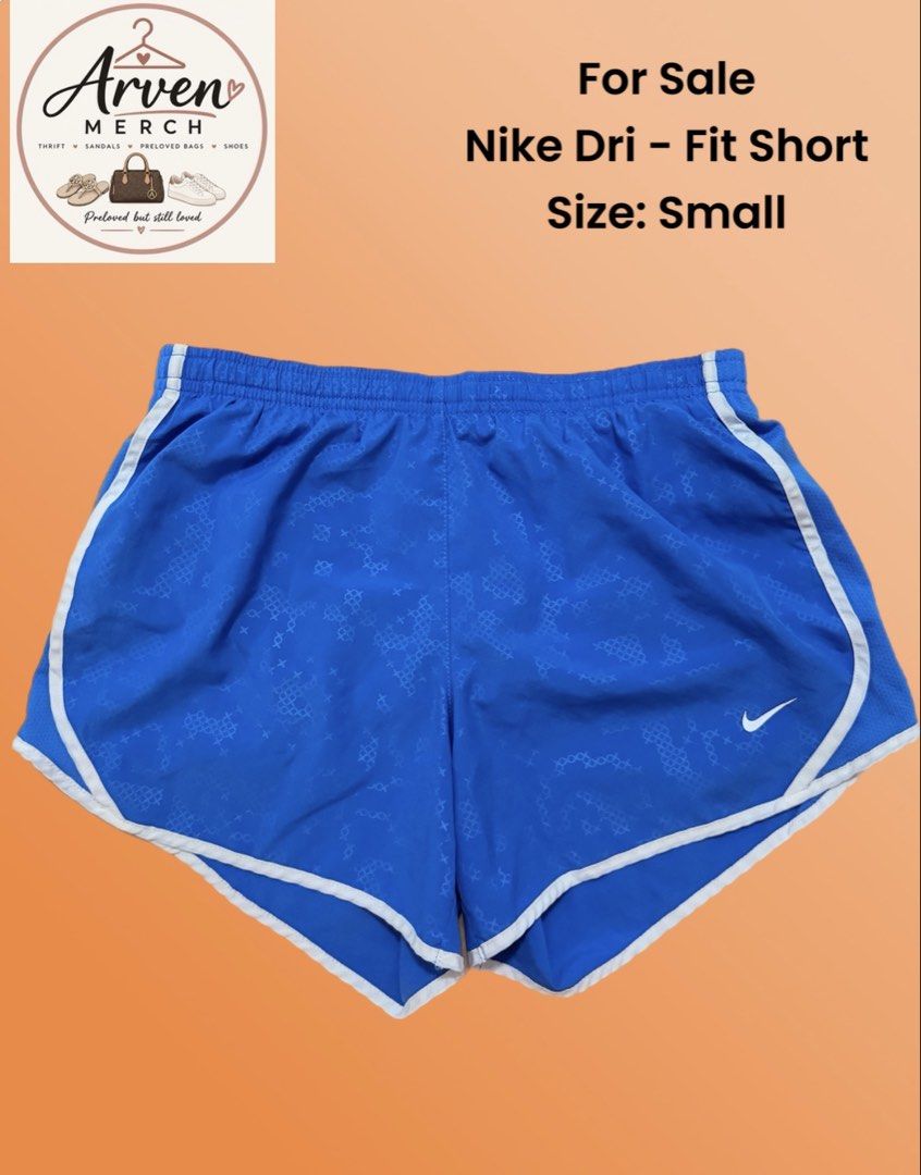 Nike Dri-Fit Short Blue Size Small (Category: Shorts) located in Manila. Submitted by sedpuprincess (Listing ID 1470776622, Image 1). Description: - Brand: Nike - Item: Running Shorts - Size: Small - Color: Bright blue with white trim - Design: Subtle all-over geometric pattern with classic Nike swoosh logo on the right hem - Fit: Comfortable elastic waistband.