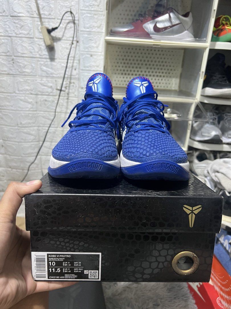 Nike Kobe VI Protro Game Royal White Size 10 (Category: Sneakers) located in Manila. Submitted by galfredca71333 (Listing ID 1470792134, Image 1). Description: - Model: Nike Kobe VI Protro - Colorway: Game Royal / White with Red accents - Size: Men's US 10 - Design: Blue snakeskin textured upper, white midsole, and signature tongue details - Inclusion: Original black snakeskin pattern box - Condition: Brand new / Pristine - Meet-ups or shipping a