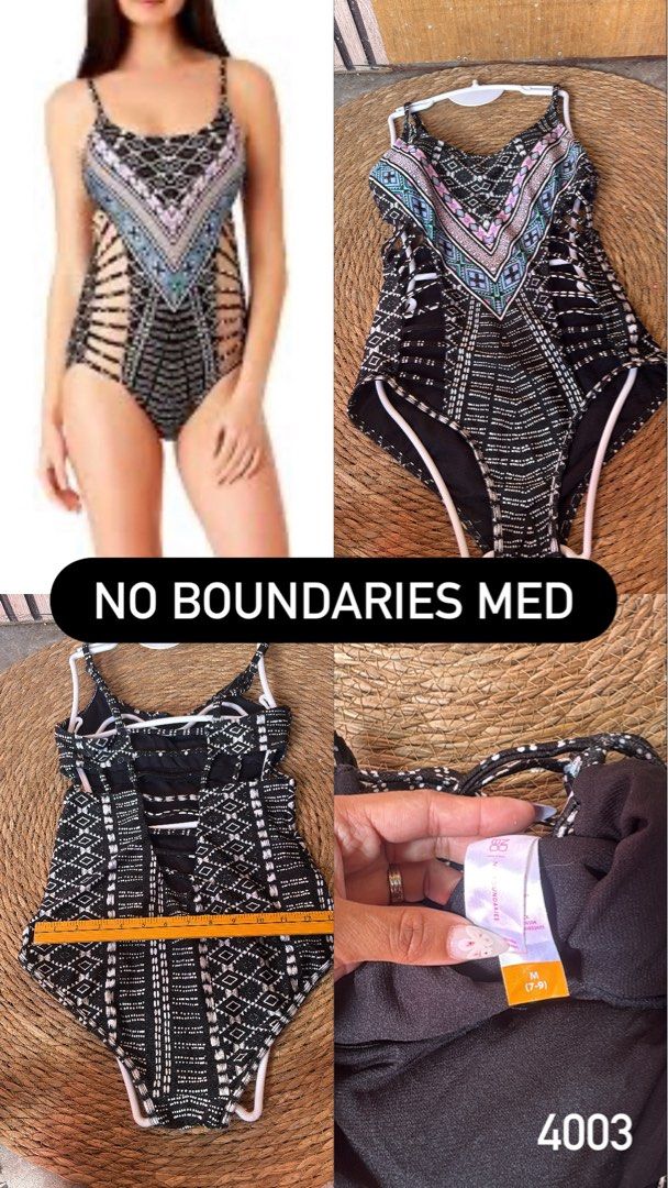 No Boundaries Med (Category: Bikinis & Swimsuits) located in Malabon City. Submitted by lheithriftshop (Listing ID 1470795210, Image 2). Description: The image shows a No Boundaries Juniors’ Cut-Out Monokini One-Piece Swimsuit in a black and white geometric/tribal print with blue and pink accents..