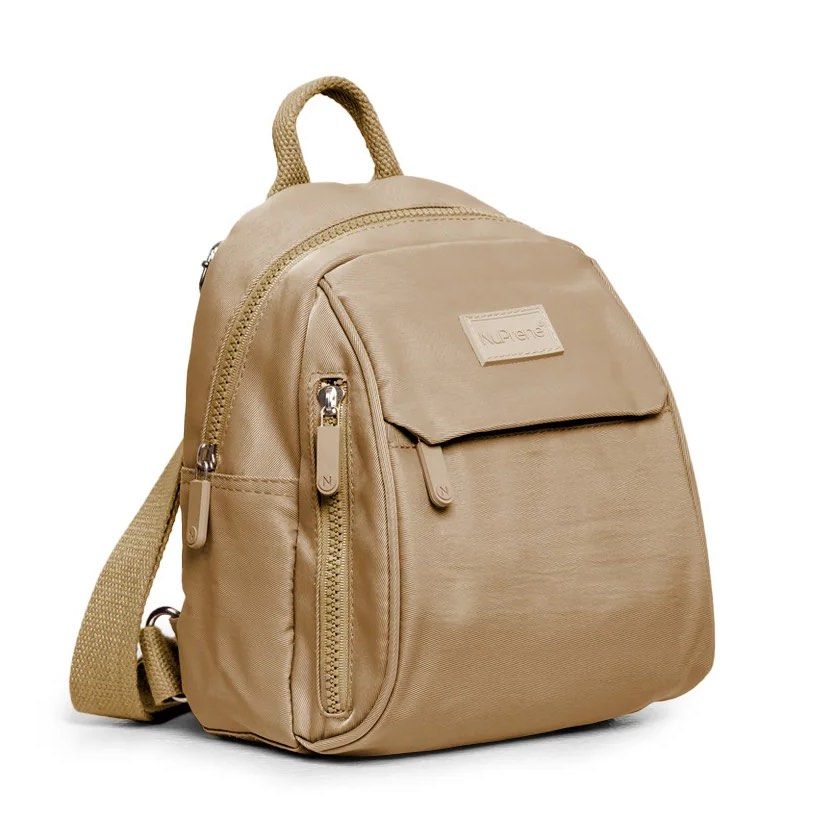 NuPrene Khaki Mini Backpack (Category: Backpacks) located in Caloocan City. Submitted by stuff_shop (Listing ID 1470835322, Image 1). Description: NuPrene mini backpack in khaki. Durable fabric with adjustable webbed shoulder straps and top grab handle. Main compartment zips open fully. Front flap pocket plus vertical side zipper pocket. Clean interior lining with an inner zippered pocket. Compact size for daily essentials, errands, or light trav