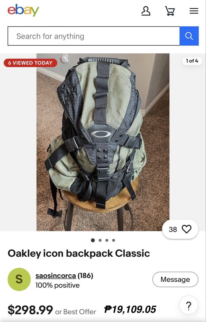 OAKLEY Vintage Icon Backpack (Category: Backpacks) located in Bauang. Submitted by thriftypockets92 (Listing ID 1470928763, Image 3). Description: with rust ang hardware needs wash/cleaning.