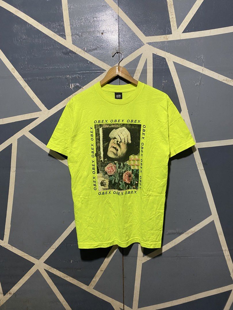 Obey Neon Yellow Graphic Tee Size M (Category: Tshirts & Polo Shirts ) located in Polomolok. Submitted by marrssz (Listing ID 1470743799, Image 1). Description: - Brand: Obey - Style: Graphic streetwear t-shirt with front collage print (roses, face graphic, and text) - Color: Bright neon yellow - Size: Medium - Material: 100% cotton, machine washable (Made in Mexico) - Condition: Clean fabric with vibrant color saturation -DIMES [20’W*28.5’L].