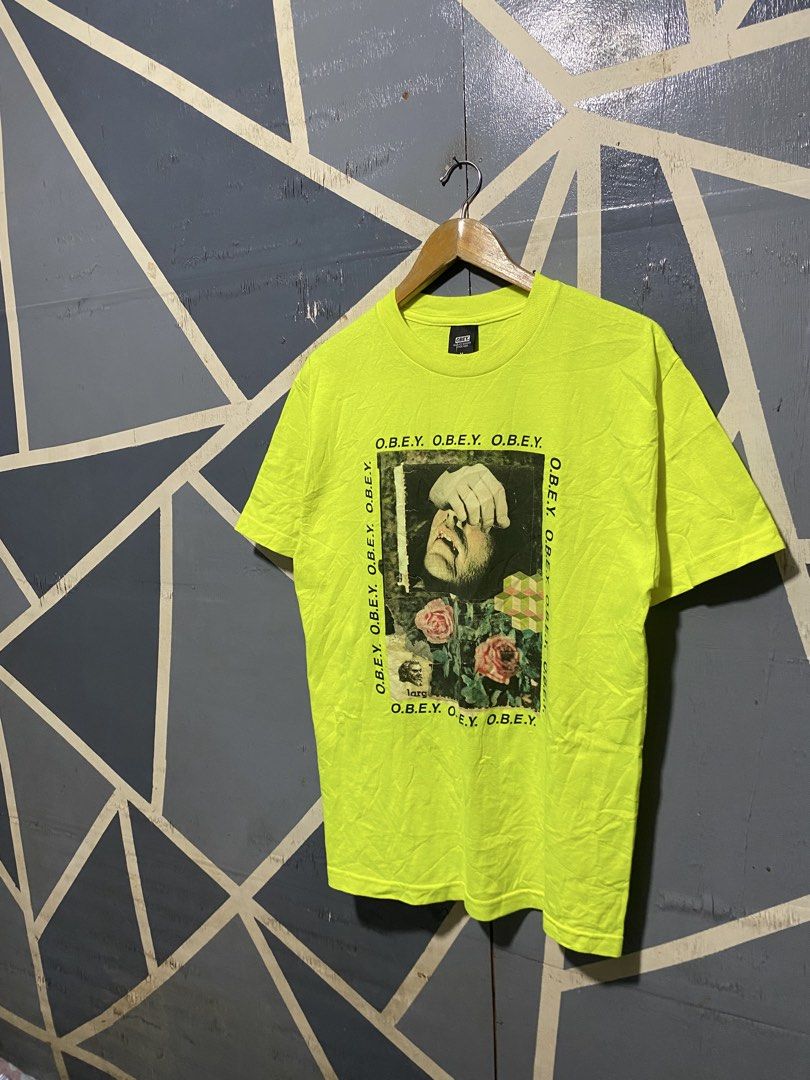 Obey Neon Yellow Graphic Tee Size M (Category: Tshirts & Polo Shirts ) located in Polomolok. Submitted by marrssz (Listing ID 1470743799, Image 2). Description: - Brand: Obey - Style: Graphic streetwear t-shirt with front collage print (roses, face graphic, and text) - Color: Bright neon yellow - Size: Medium - Material: 100% cotton, machine washable (Made in Mexico) - Condition: Clean fabric with vibrant color saturation -DIMES [20’W*28.5’L].