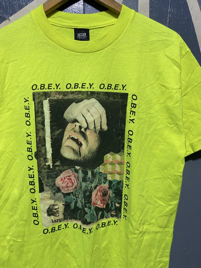 Obey Neon Yellow Graphic Tee Size M (Category: Tshirts & Polo Shirts ) located in Polomolok. Submitted by marrssz (Listing ID 1470743799, Image 3). Description: - Brand: Obey - Style: Graphic streetwear t-shirt with front collage print (roses, face graphic, and text) - Color: Bright neon yellow - Size: Medium - Material: 100% cotton, machine washable (Made in Mexico) - Condition: Clean fabric with vibrant color saturation -DIMES [20’W*28.5’L].