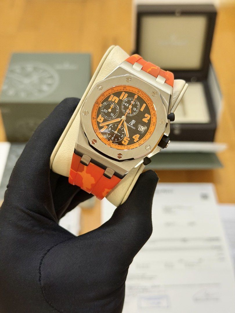OCT 2026 Serviced 2007 Audemars Piguet Volcano (Category: Luxury Watches) located in Makati City. Submitted by timefocusph (Listing ID 1470876694, Image 2). Description: For sale: OCT 2026 SERVICED 2007 Audemars Piguet Royal Oak Offshore Volcano • Ref. 26170st • 42mm case size • Full set- Box, papers, service papers, 3 straps (2 Horus rubber straps and 1 like new factory Hornback Alligator strap) • 9/10 condition • Serviced by Audemars Piguet HK 
