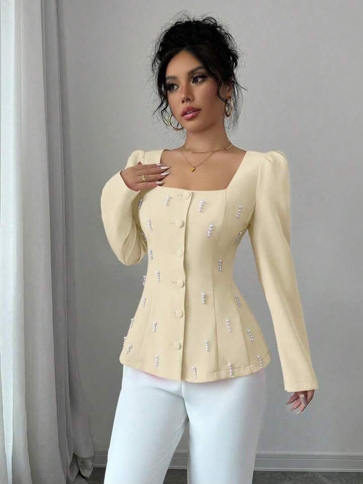 Office tops offwhite color (Category: Longsleeves) located in Manila. Submitted by iamfashionistapage (Listing ID 1470796650, Image 1). Description: Super nice quality. Lighter color in actual-beige.w/pouch.