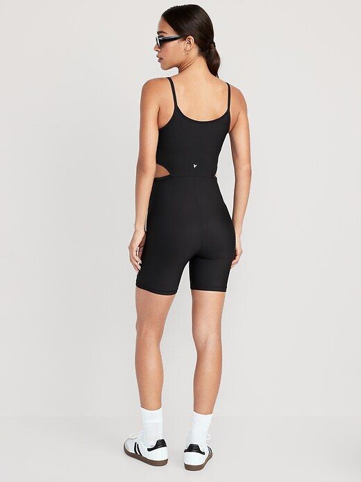 Old navy bodysuit/short (Category: Activewear) located in Malabon City. Submitted by lheithriftshop (Listing ID 1470816170, Image 2). Description: dark gray or black athletic cutout-waist romper/unitard with thin spaghetti straps, closely matching the Old Navy PowerSoft Cutout-Waist Bodysuit .