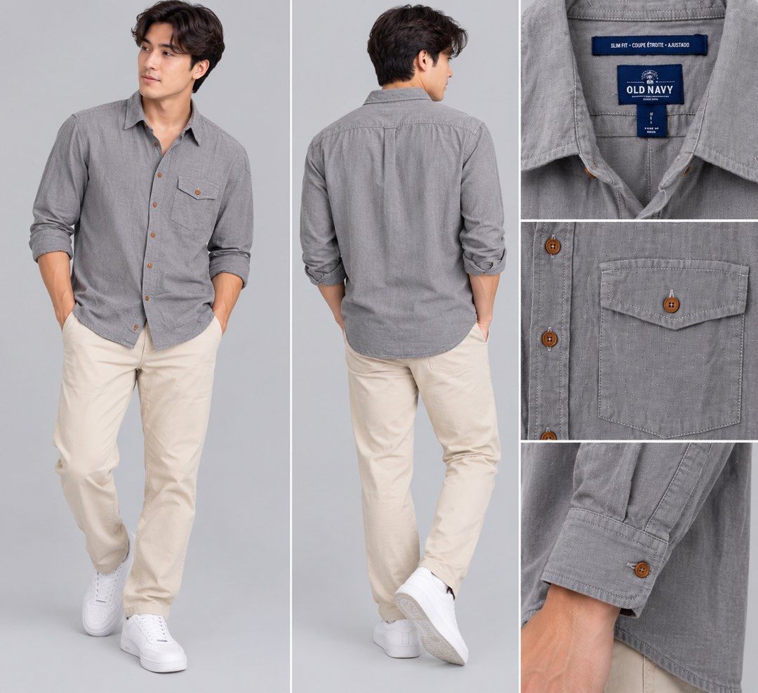 Old Navy Slim Fit Grey Long Sleeve Button Down Shirt (Category: Formal Shirts) located in Bacoor. Submitted by goodfinds02 (Listing ID 1470845497, Image 2). Description: - Brand: Old Navy - Color: Solid heather grey - Size: Medium (M) - Fit: Slim fit - Details: Classic button-down front, brown buttons, single chest pocket with button flap, soft collar, and adjustable cuffs - Condition: Excellent / Pre-loved - Mode of Payment: QR - Shipping: Via J