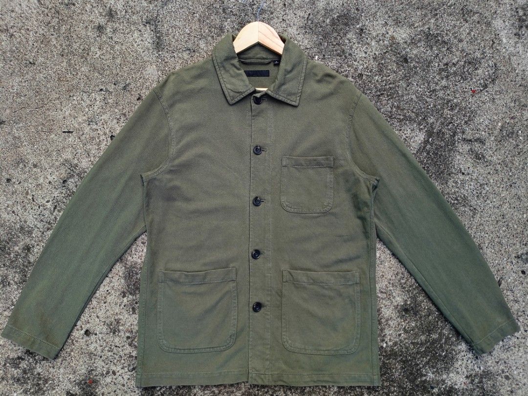 Olive green utility chore jacket size M (Category: Coats, Jackets and Outerwear) located in General Santos City (Dadiangas). Submitted by jay-fits (Listing ID 1470755732, Image 1). Description: Uniqlo Washed Jersey Work Jacket Uniqlo Washed Jersey Work Jacket Medium on tag 20.5x29 Army Green Color Rate 9/10, 🔥 Excellent Condition, No Issue Location Davao City Mine 590+Sf .