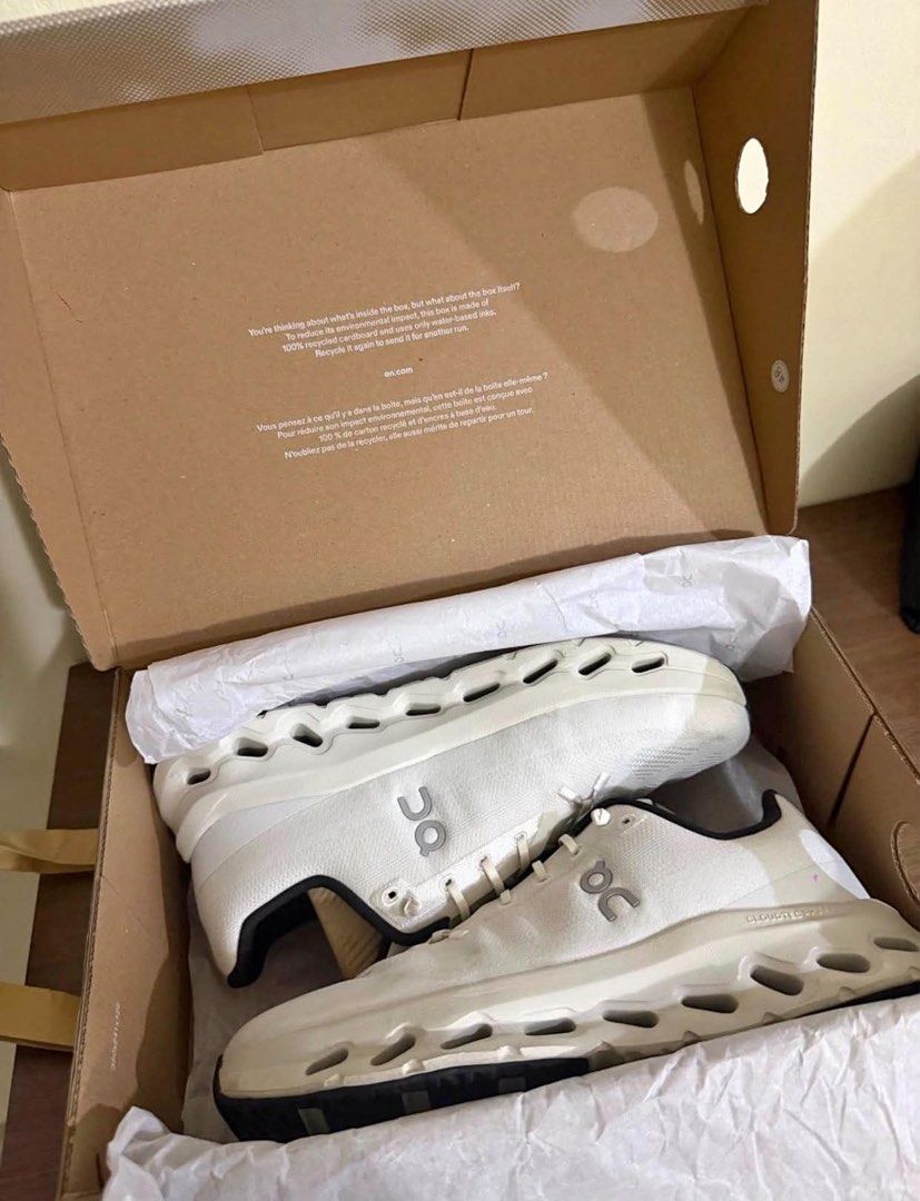 On Cloudtilt Pearl Ice Size US 11 (Category: Sneakers) located in Las Pinas. Submitted by calliahscorner (Listing ID 1470897988, Image 3). Description: - Model: On Cloudtilt - Colorway: Pearl Ice (White, cream, with black accents) - Size: Men's US 11 / EU 45 - Features: Lightweight cushioning sole design - Condition: Clean uppers and pristine tread Bought in China for 15,000 in peso Selling for only 10,000 Very Good Condition With original box an