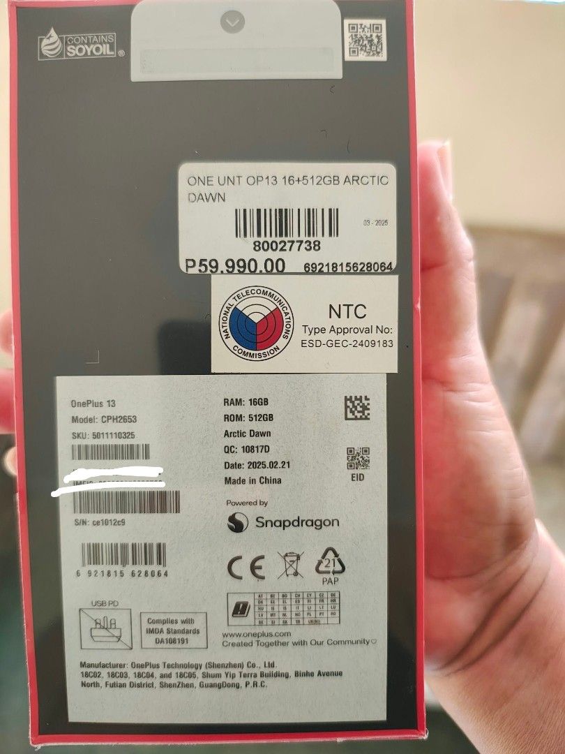 ONEPLUS 13 (Category: OnePlus) located in Davao. Submitted by angeloaaltea (Listing ID 1470812968, Image 1). Description: brand-new and sealed, ONEPLUS 13, 16/512GB, arctic dawn, NTC approved .