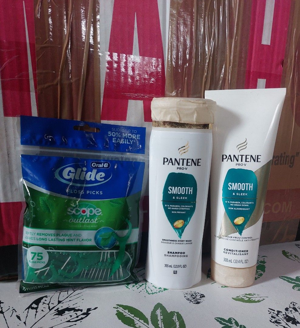 Oral-B Floss Picks, Pantene Shampoo and Conditioner Bundle (Category: Hair) located in Cainta. Submitted by cooletzky (Listing ID 1470765440, Image 2). Description: - 1x Oral-B Glide Scope Outlast Floss Picks (75 picks) - 1x Pantene Pro-V Smooth and Sleek Shampoo (355ml) - 1x Pantene Pro-V Smooth and Sleek Conditioner (308ml) - Perfect everyday essentials for your daily grooming and hair care routine.
