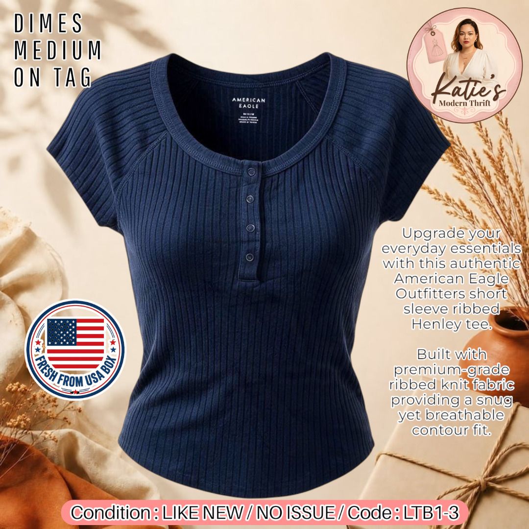 ORIGINAL American Eagle Black Ribbed Henley Tee (Size Medium) (Category: Tshirts & Polo Shirts ) located in Morong. Submitted by katiesmodernthrift (Listing ID 1470754543, Image 1). Description: American Eagle Women Short Sleeve Button Front Ribbed Knit Henley Crop Top Black M Description: Upgrade your everyday essentials with this authentic American Eagle Outfitters short sleeve ribbed Henley tee. Built with premium-grade ribbed knit fabric prov