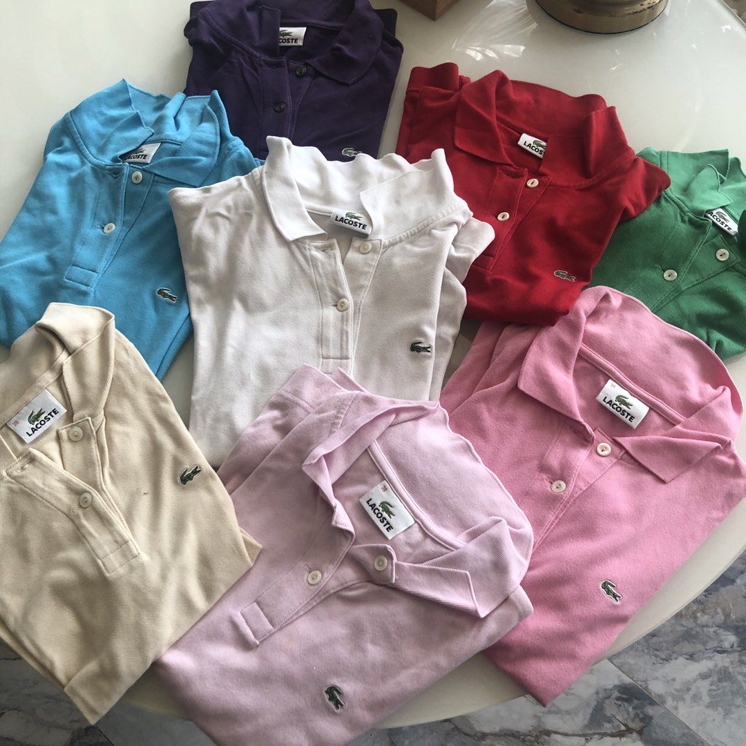 Original LACOSTE Size 38 Poloshirts (Category: Others Tops) located in Rizal. Submitted by em528.maison (Listing ID 1470789823, Image 1). Description: Lacoste Size 38 Womens Poloshirt Lightly Used Php 580 EACH Poloshirts Pink Light pink Beige Green Red Skyblue Deep purple White .