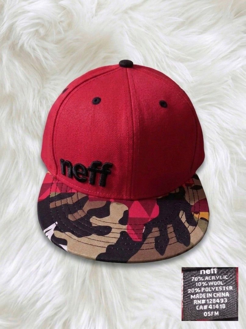 🔴OSFM Neff Corp Camouflage Flat Brim Snapback Cap (Category: Caps & Hats) located in Bacoor. Submitted by aithriftcloset (Listing ID 1470838445, Image 2). Description: 🔴 PRODUCT DETAILS • Brand: Neff Headwear • Condition: Like New (Stocked in my daughter's Closet) — Still comes with the original retail plastic hanger hook attached! No stains, no fades, perfectly clean brim and crown. • Size: OSFM (One Size Fits Most) with adjustable plastic sna