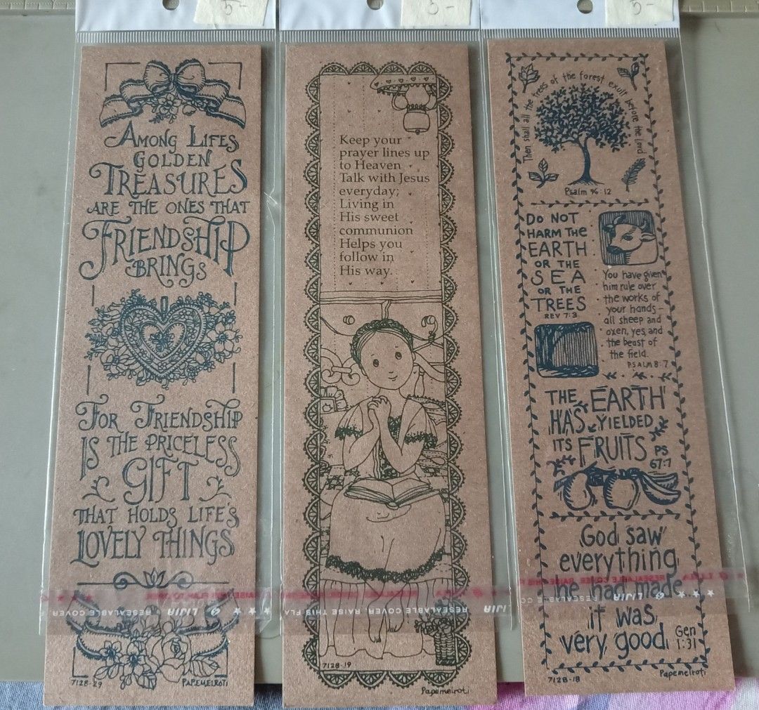 Papemelroti Kraft Paper Bookmarks Set (Category: Stationery & School Supplies) located in Quezon City. Submitted by chacha30.s (Listing ID 1470807694, Image 2). Description: - Brand: Papemelroti - Material: Brown kraft paper - Features: Scripture verses (e.g., Psalm 96:12), inspirational quotes, and angel illustrations - Packaging: Each bookmark comes in a clear plastic sleeve - Item Codes: 7128-19, 7128-18, 7128-86, 7128-90, 7128-83 - Ideal as s