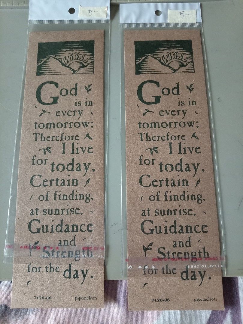Papemelroti Kraft Paper Bookmarks Set (Category: Stationery & School Supplies) located in Quezon City. Submitted by chacha30.s (Listing ID 1470807694, Image 3). Description: - Brand: Papemelroti - Material: Brown kraft paper - Features: Scripture verses (e.g., Psalm 96:12), inspirational quotes, and angel illustrations - Packaging: Each bookmark comes in a clear plastic sleeve - Item Codes: 7128-19, 7128-18, 7128-86, 7128-90, 7128-83 - Ideal as s