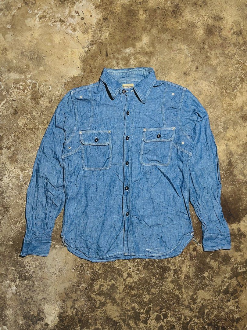 Pherrow's 770WS Stormy Blue Mfg. Chambray Work Shirt (Category: Tshirts & Polo Shirts ) located in Manila. Submitted by kashjulliane (Listing ID 1470923821, Image 1). Description: - Brand: Pherrow's - Style: Vintage chambray work shirt in light blue - Details: Two button-flap chest pockets, contrast white triple-needle stitching - Accents: Dark front buttons, curved hem with cool character/fraying at the side gusset - Condition: Great patina with