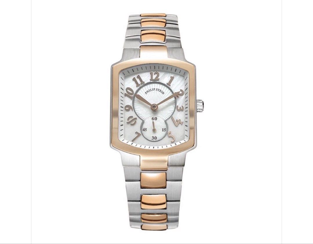 Philip Stein Classic Square (Category: Women's Watches) located in Cabanatuan. Submitted by jessamindiola (Listing ID 1470831274, Image 1). Description: - Brand: Philip Stein - Case: Rectangular with minor surface hairline scratches on the steel bezel and edges - Bracelet: Two-tone (silver stainless steel and rose gold accents) - Dial: White with Arabic numerals and small seconds sub-dial at the bottom - Movement: Classic two-hand quartz (keeping