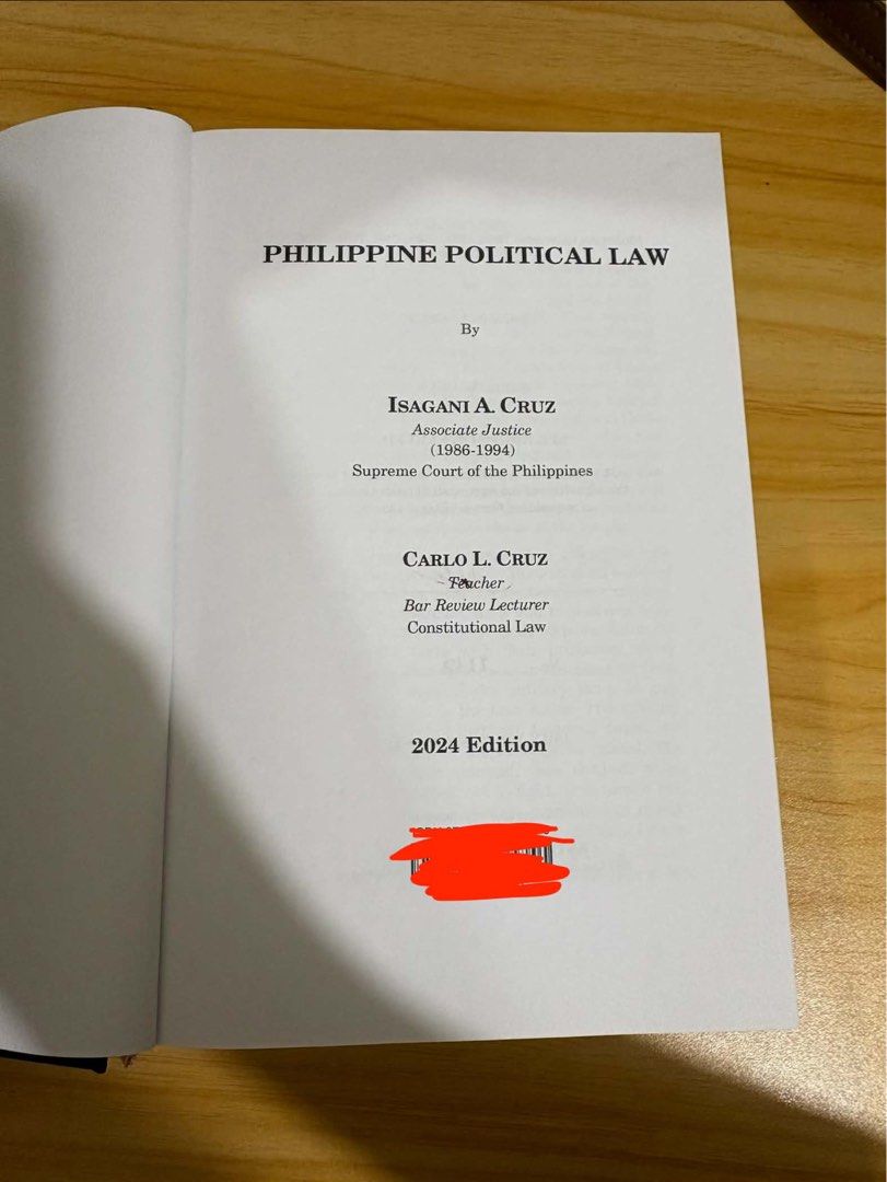 Philippine Political Law (Category: Textbooks) located in Manila. Submitted by reinzelle_tree (Listing ID 1470823027, Image 2). Description: FS: Phillipine Political Law by Isagani Cruz and Carlo Cruz (2024 ed) - no highlights - good as new - official brought from Central Bookstore RFS: To buy a new book .