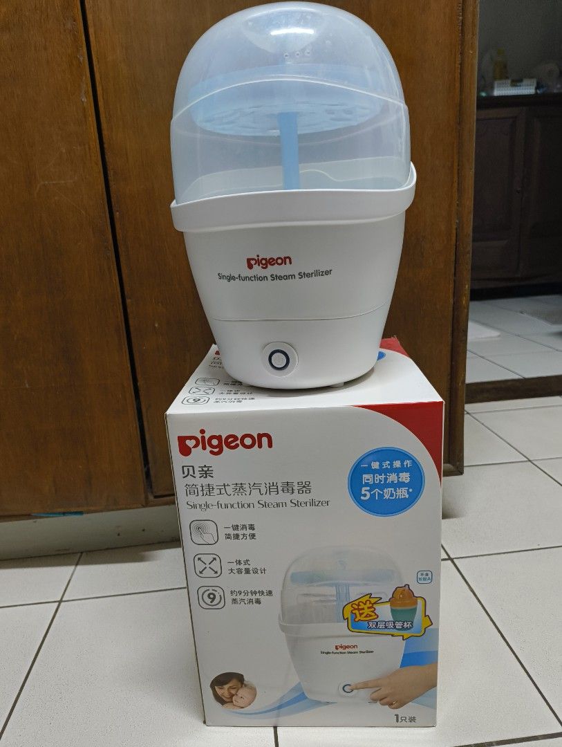 Pigeon Single-function Steam Sterilizer (Category: Breastfeeding & Bottle Feeding) located in Antipolo. Submitted by kei.regalado (Listing ID 1470862100, Image 1). Description: - Brand: Pigeon Single-Function Steam Sterilizer - Capacity: Holds up to 5 baby bottles and accessories at once - Fast Operation: Quick ~9-minute cycle with easy one-button operation - Condition: Clean heating plate, ready for immediate use - Inclusions: Original box, blue