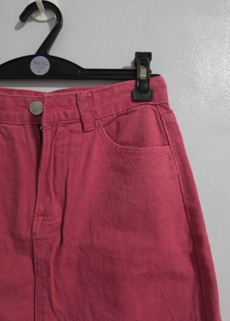 Pink Denim Skirt (Category: Skirts) located in Paranaque City. Submitted by franinnashop (Listing ID 1470796210, Image 2). Description: Declutter - Color: Bright pink - Closure: Front button and zipper - Pockets: Classic five-pocket design with back pockets - Features: Belt loops and straight hemline - Measurements: 24" waist, 32" hip, 15" length - Condition: Brand new / Excellent.