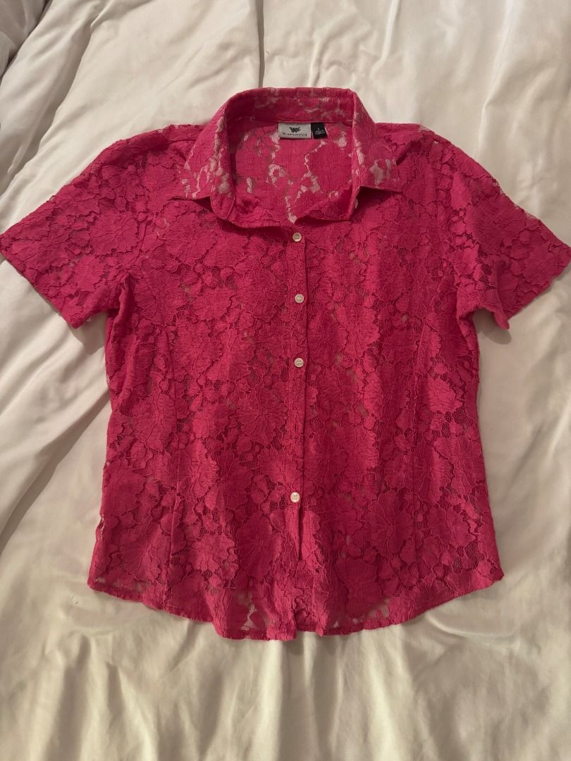 Pink lace short sleeve button up shirt Small (Category: Blouses) located in Cebu City. Submitted by _t.rix (Listing ID 1470761872, Image 1). Description: - Color: Bright pink - Size: L - Material: Semi-sheer floral lace - Design: Short sleeve, button-up with collared neckline - Versatility: Great for layering or wearing on its own.