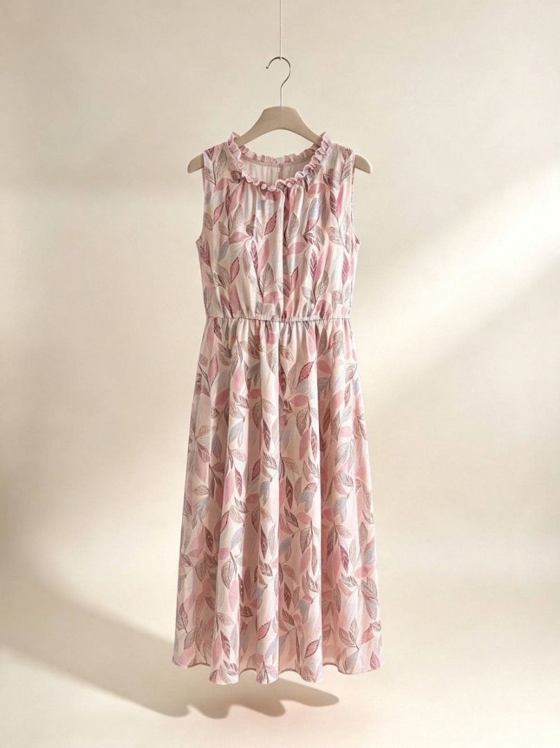 Pink leaf print sleeveless midi dress (Category: Dresses) located in Manila. Submitted by meedclothing (Listing ID 1470879682, Image 1). Description: - Size: S-M - Style: Pink sleeveless midi dress with all-over leaf pattern - Details: Ruffle neckline and comfortable gathered elastic waist 📌 PLEASE READ BEFORE ORDERING: ⏳ Reservation: Strictly 2 days only 📦 Shipping: Everyday except Sundays & holidays ♻️ Condition: Pre-loved / used item ❌ No ca