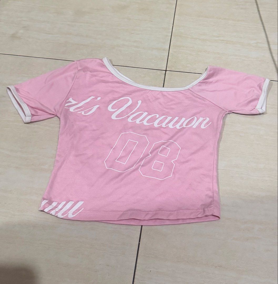 pink off shoulder graphic crop top (Category: Blouses) located in Manila. Submitted by misty186 (Listing ID 1470854619, Image 1). Description: .