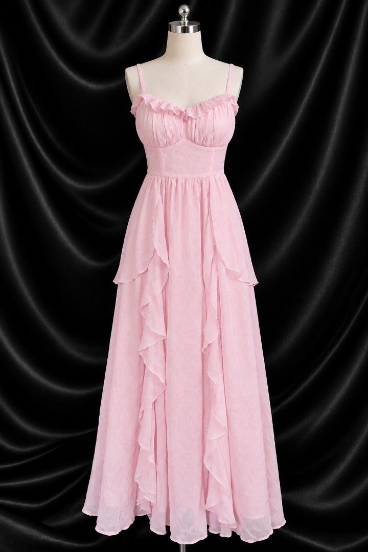 Pink Ruffle Maxi Dress Spaghetti Strap (Category: Dresses) located in Bulacan. Submitted by heathersdream.c0 (Listing ID 1470804330, Image 1). Description: - Color: Light pink - Style: Sweet, feminine, perfect for parties or dates - Design: Spaghetti straps, ruffled neckline, vertical front ruffles - Fit: Fitted bodice with a defined waistline - Length: Midi-to-maxi - Material: Flowy chiffon-like fabric -Back zipper.