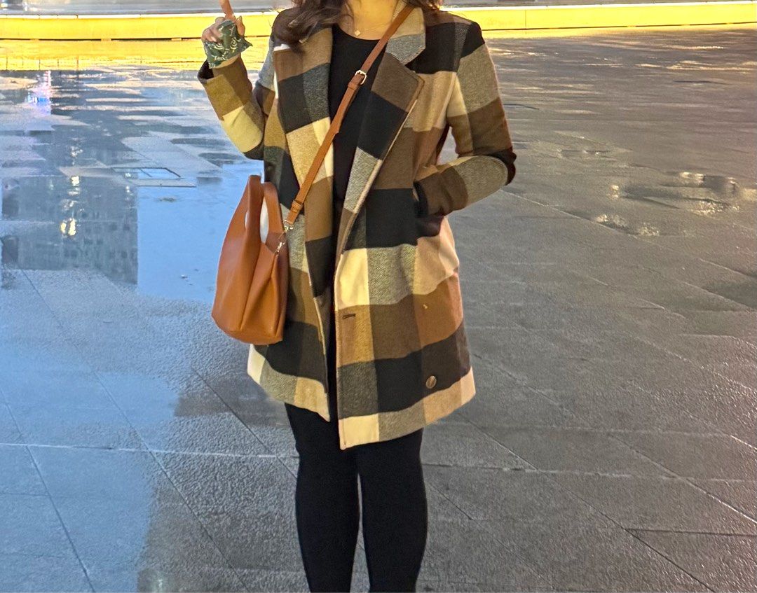 Plaid Checkered Wool Blend Long Coat (Category: Coats, Jackets and Outerwear) located in Antipolo. Submitted by tintintin_19 (Listing ID 1470915593, Image 2). Description: Winter & Autumn coat Size: fits small to medium Thick and high quality!! Style: brown double-breasted wool coat with side pockets; mid length perfect for autumn and post-winter season Condition: 9/10 used twice only for my winter trips :).