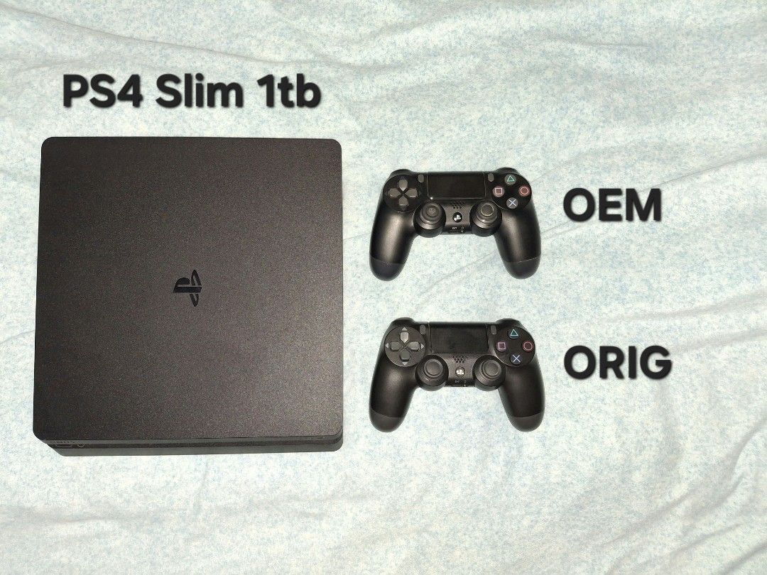 PlayStation 4 Slim 1TB Console with Two Controllers and Games (Category: PlayStation) located in General Trias. Submitted by maxinne_gb (Listing ID 1470776712, Image 1). Description: - Console: PlayStation 4 Slim 1TB (Fully tested and 100% working) - Controllers: 2 units included (1 Original DualShock 4 + 1 OEM controller) - Games: Far Cry 5 and Tiny Tina's Wonderlands - Accessories included: Charging cable, extra thumb grips, decorative stickers