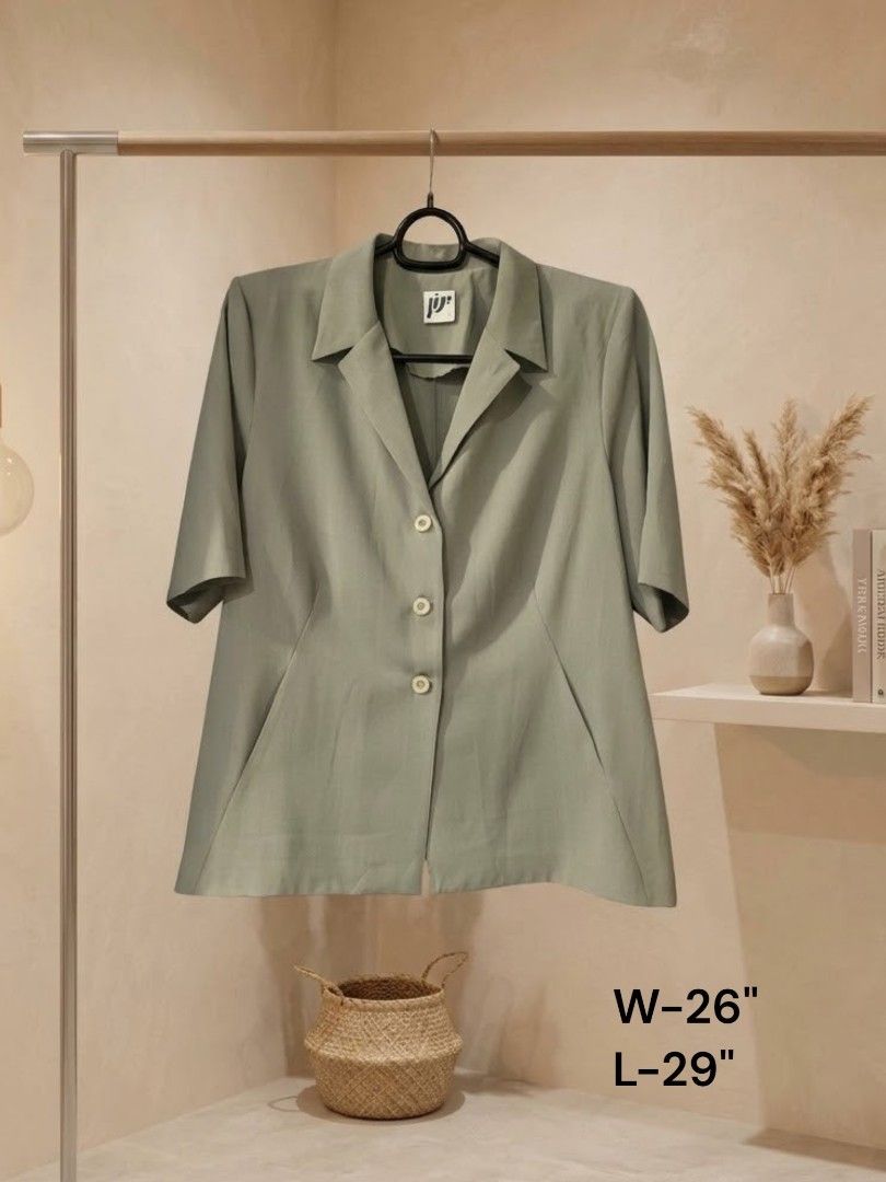 Plus size Sage Green Short Sleeve Button Blazer Jacket (Category: Coats, Jackets and Outerwear) located in Quezon City. Submitted by yusett (Listing ID 1470803862, Image 1). Description: - Color: Trendy sage green - Style: Short-sleeve blazer with a classic lapel collar - Closure: Three front buttons - Pockets: Two functional front pockets tucked into seams - Dimensions: 26 inches wide x 29 inches long - Material: Lightweight, perfect for layerin