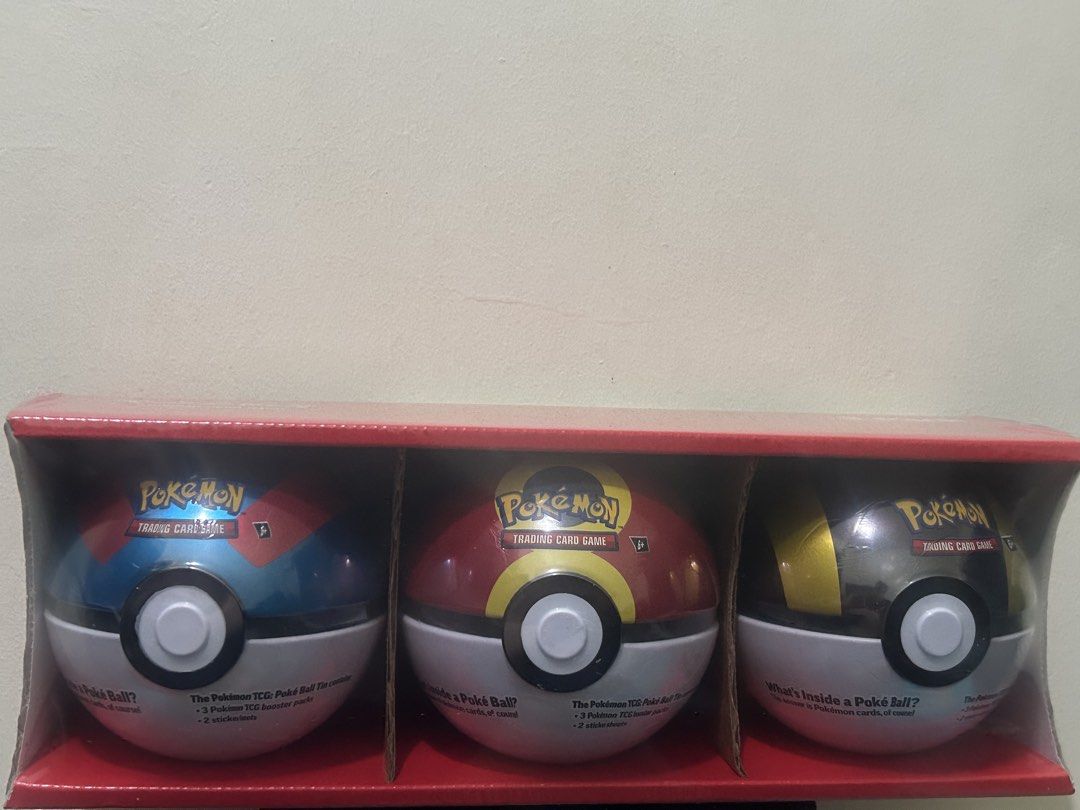 Pokémon Costco 3-pack Pokeball Tins (Category: Card Boxes & Cases) located in Quezon City. Submitted by kafrastorage (Listing ID 1470913997, Image 1). Description: Pokémon TCG Poké Ball Tin collection features three individual tins, each containing three booster packs and two sticker sheets. The set is factory sealed and in brand new condition, making it an excellent addition for collectors or players looking to expand their card collection. The 