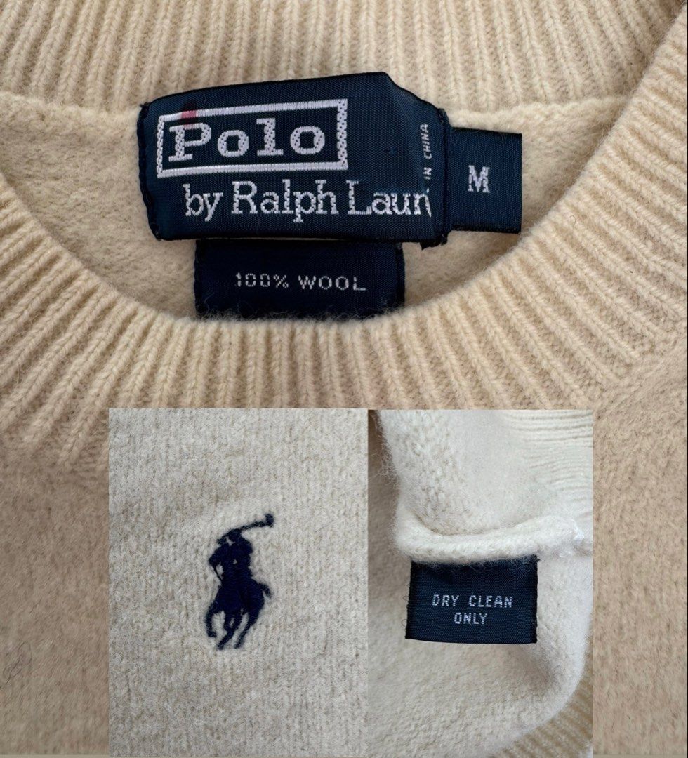 Polo Ralph Lauren Cream Wool Crewneck Sweater Medium (Category: Coats, Jackets and Outerwear) located in Pozorrubio. Submitted by izaykite2g (Listing ID 1470760021, Image 2). Description: - Brand: Polo Ralph Lauren - Style: Crewneck sweater - Color: Cream with dark navy blue embroidered pony logo - Size: Medium - Measurements: Length 17", Width 16.5" - Details: Ribbed collar, cuffs, and hem.