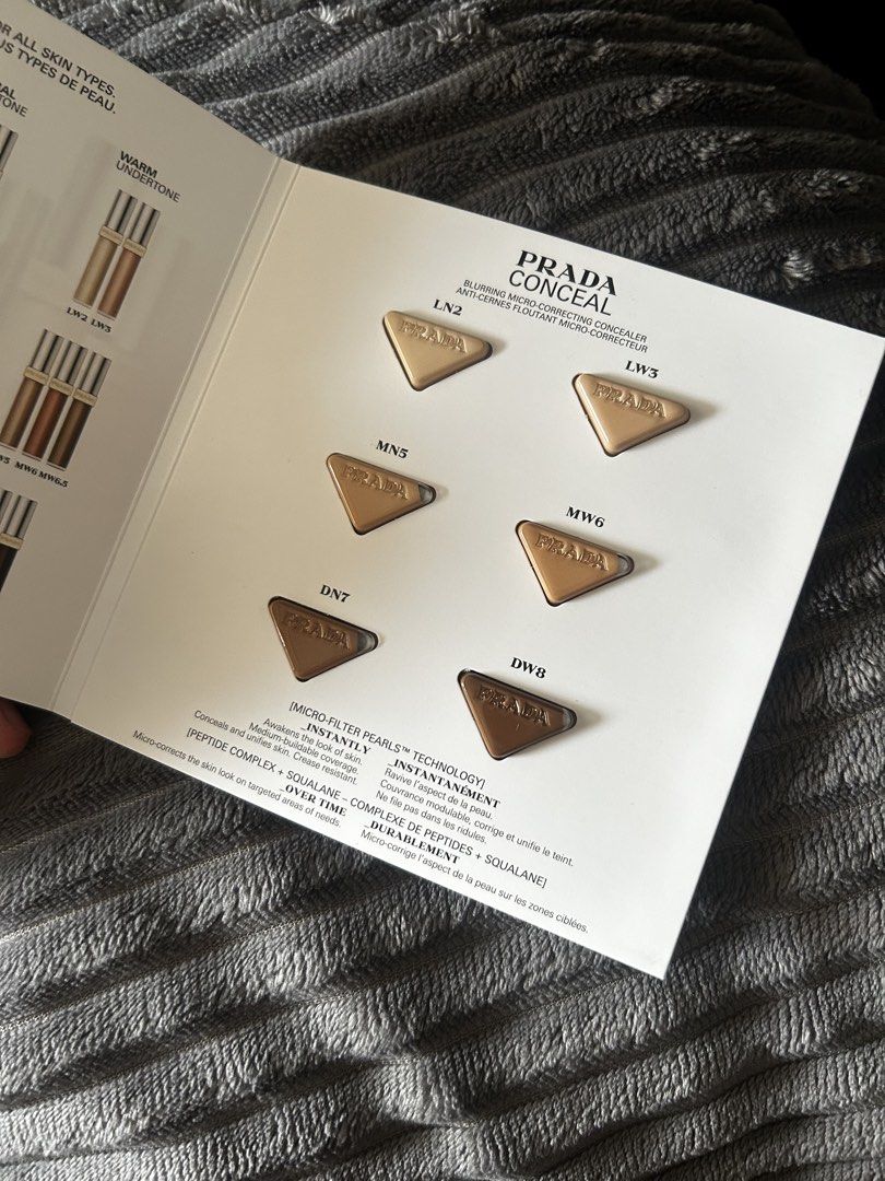 Prada Conceal Blurring Micro-Correcting Concealer Sample Card (Category: Makeup) located in Quezon City. Submitted by jules.18 (Listing ID 1470816824, Image 2). Description: Authentic Prada Conceal Blurring Micro-Correcting Concealer sample card featuring 6 versatile shades (LN2, LW3, MN5, MW6, DN7, DW8). Brand new tester card infused with micro-filter pearls, peptide complex, and squalane. Perfect for finding your exact shade match before buying