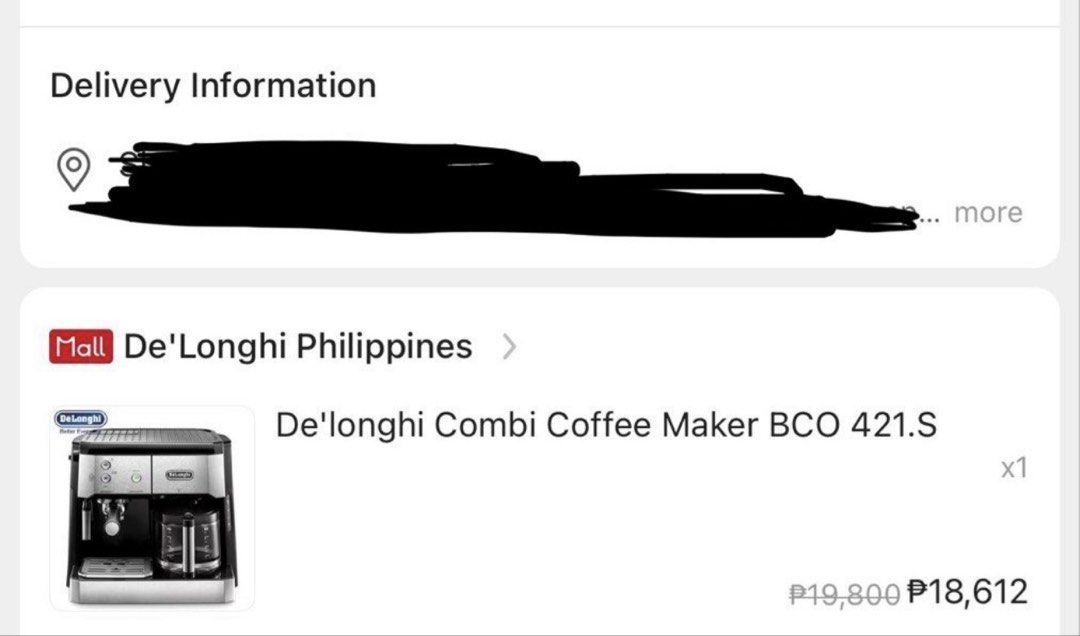 PRELOVED De’Longhi Combi Coffee Maker BCO 421.S (Category: Coffee Machines & Makers) located in Marikina City. Submitted by teddiescloset (Listing ID 1470863862, Image 2). Description: PRELOVED De’Longhi Combi Coffee Maker BCO 421.S 💰 Selling Price: ₱8,000 🏷️ Original Price: ₱18,612 Condition: Preloved, AS IS, WHERE IS. * Well-used but fully functional, with no known issues. * Not used since December 2025. * RFS: Upgraded to a new coffee machin