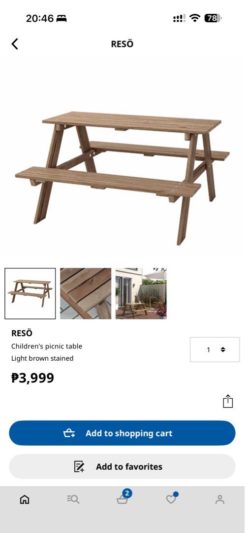 PRELOVED IKEA RESÖ Children’s Picnic Table (Category: Outdoor Furniture) located in Marikina City. Submitted by teddiescloset (Listing ID 1470862793, Image 2). Description: PRELOVED IKEA RESÖ Children’s Picnic Table 💰 Selling Price: ₱2,500 🏷️ Original Price: ₱3,999 Condition: Preloved, AS IS, WHERE IS. * No damage, still in good condition. * With some writings/marks from use (may be cleaned). * RFS: My daughter has outgrown it. IKEA RESÖ childr