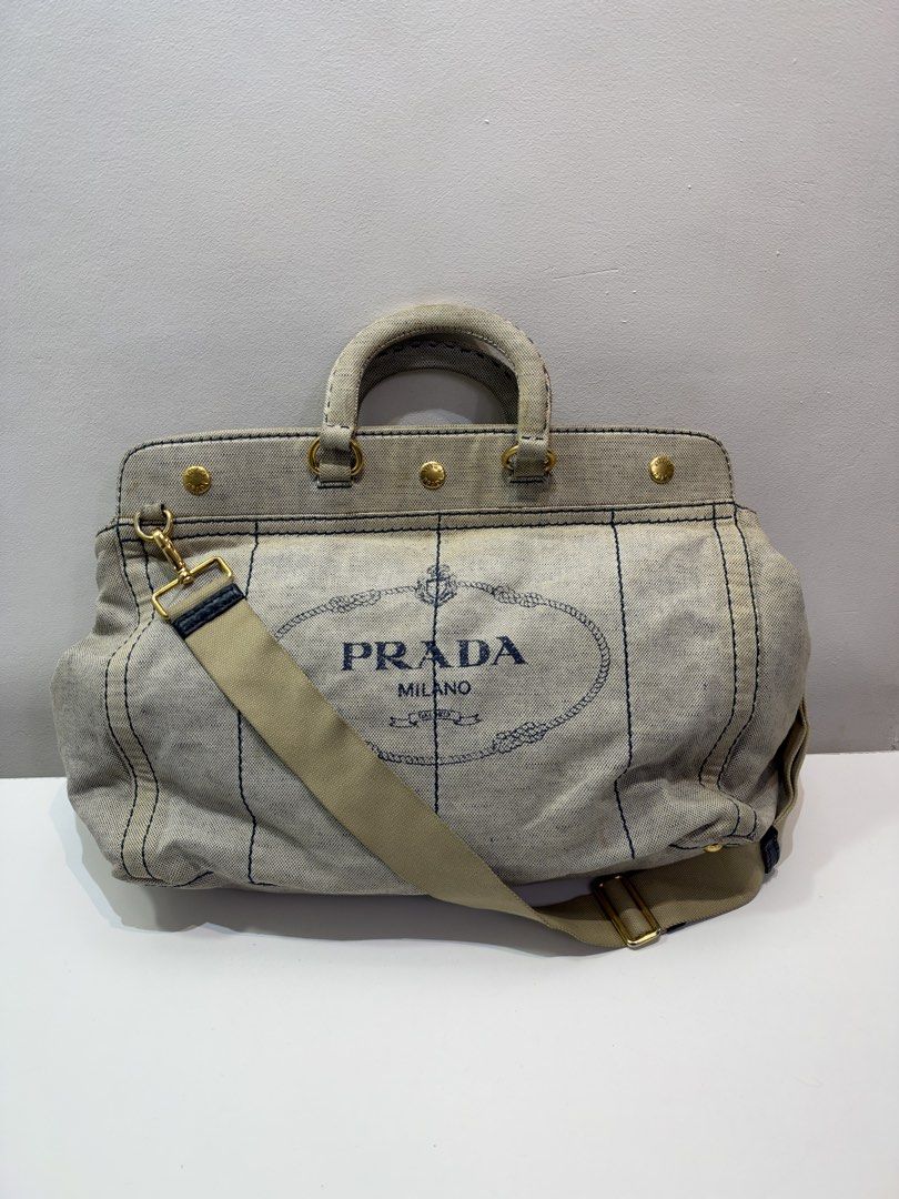 Pre-loved Prada Canapa Canvas Tote Bag (Category: Luxury Bags & Wallets) located in Cebu City. Submitted by brandedcorner_ph (Listing ID 1470922601, Image 1). Description: Pre-loved ((P))rada Canapa Canvas Tote Bag 100% Authentic or money back Condition • In good condition • Sign of usage are posted, check photos • No major flaws Product Details •Color: Light denim •Hardware: Gold tone •Material: Denim •Approximate Dimensions in inches: H12 x W15
