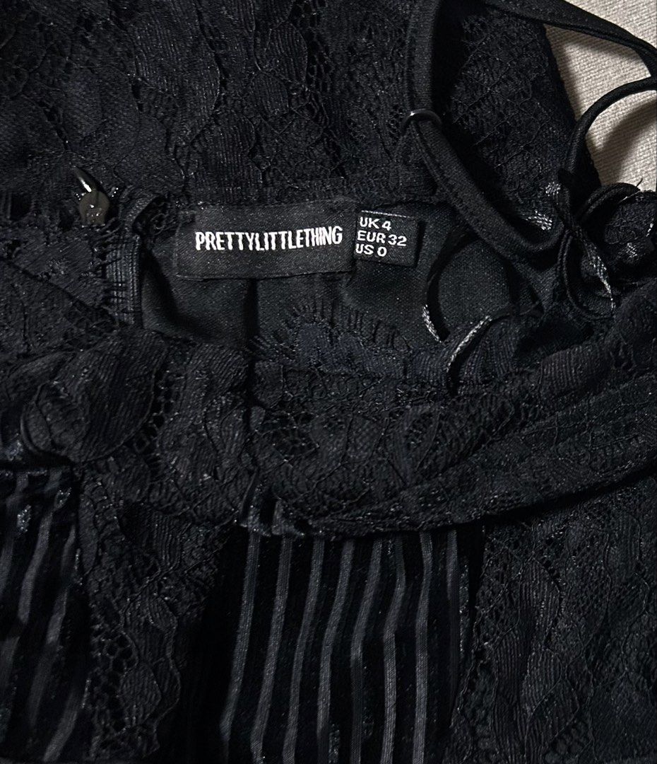 PRETTY LITTLE THING (Category: Dresses) located in Davao. Submitted by sart0ria85 (Listing ID 1470825599, Image 3). Description: A black laced bodycon strap dress with velvet line details. 100%POLYESTER MADE IN CHINA 🇨🇳 XXS. Size 0 EXCELLENT CONDITION (96/100).