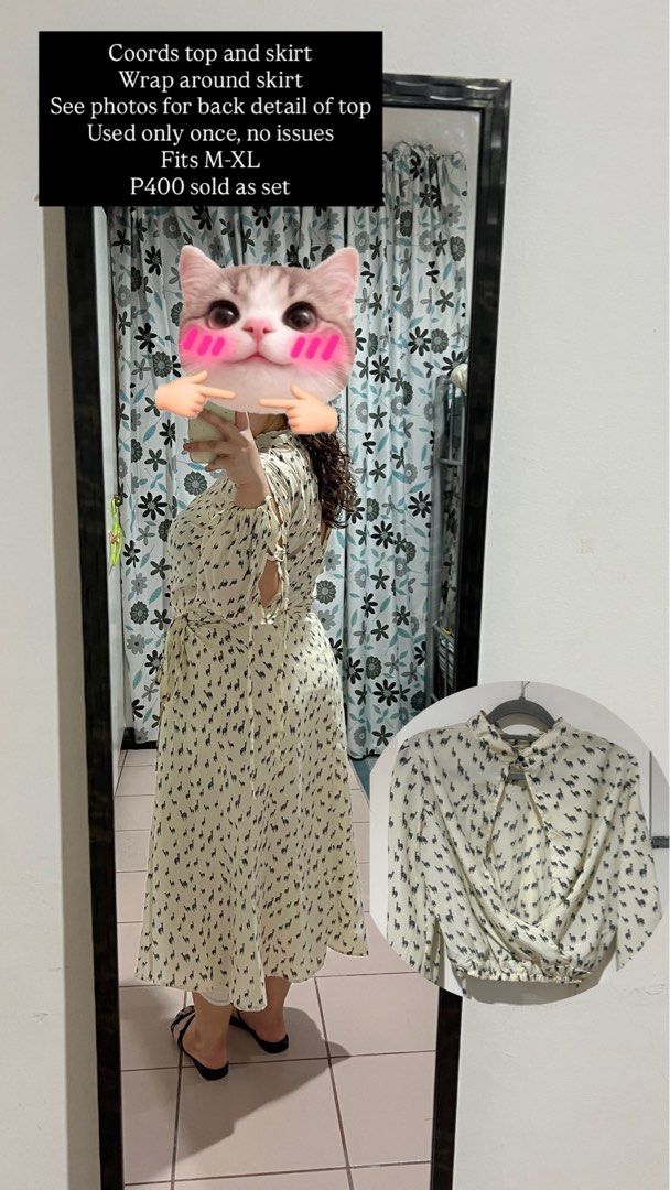 Printed Coords (Top and Skirt) (Category: Sets or Coordinates) located in Cebu City. Submitted by fromreggg (Listing ID 1470853054, Image 2). Description: Coords top and skirt Wrap around skirt See photos for back detail of top Top used only once, no issues Skirt never used Fits M-XL P400 sold as set.
