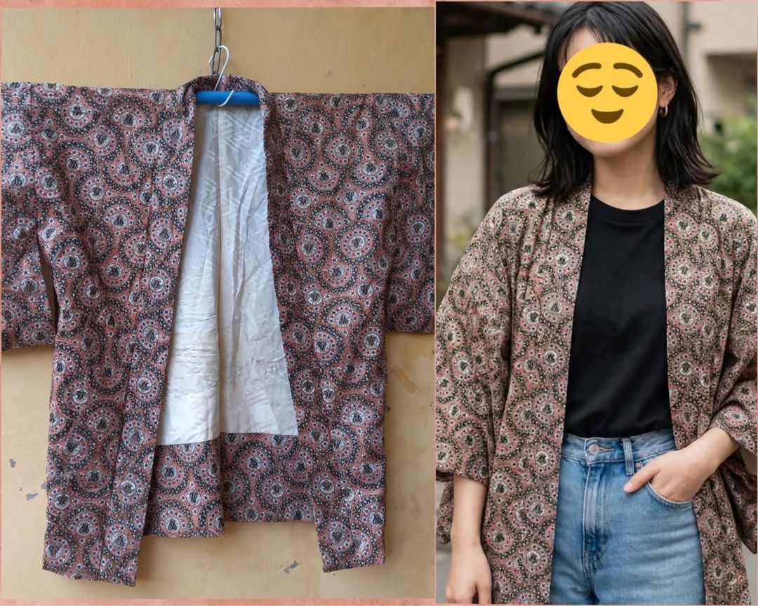 Printed Silk Kimono Haori (Category: Luxury Apparel) located in Naga. Submitted by happeemarket (Listing ID 1470880973, Image 1). Description: 9/10 with slight sign of storage sa inner lining Malambot and flowy ang tela Small to xl.