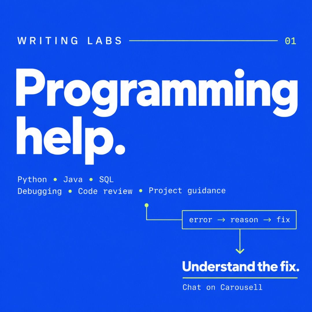 Programming Help | Python Debugging, Java, SQL & Code Review (Category: Professional Skills) located in Singapore. Submitted by writing.labs (Listing ID 1470854547, Image 1). Description: Found the error message, but still unsure why it happens? Writing Labs helps you work through programming problems and understand the reasoning behind a fix. Start with the issue in front of you: • Python errors, loops, functions and unexpected output • Java log