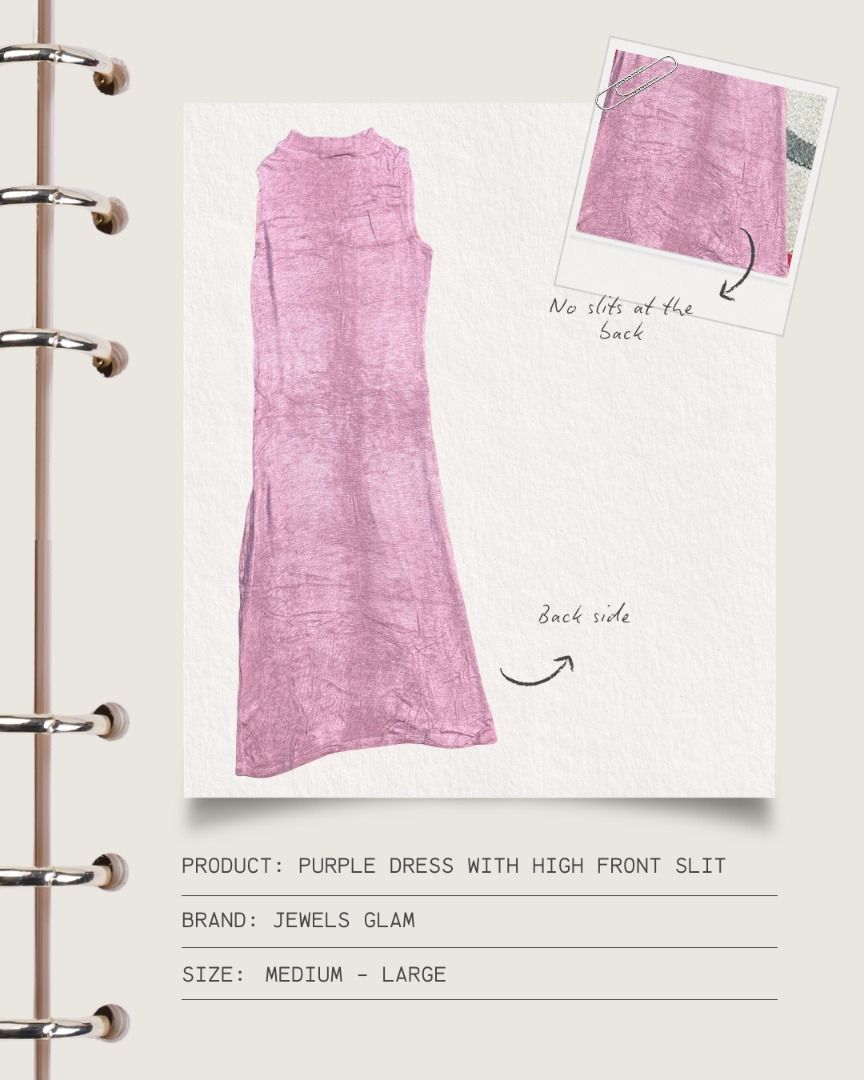 Purple Dress with High Front Slit (Category: Dresses) located in Cavite. Submitted by strawbae.moon (Listing ID 1470876825, Image 2). Description: Product: Purple Dress with High Front Slit Brand: Jewels Glam Size: Medium to Large 🧶 Item Condition: • Pre-loved • Came as a set with a short, but I can't find it >.< (Will come free with the dress if found) • With a high slit on the front • Well taken care of • Little to no flaws 💋 With discount if