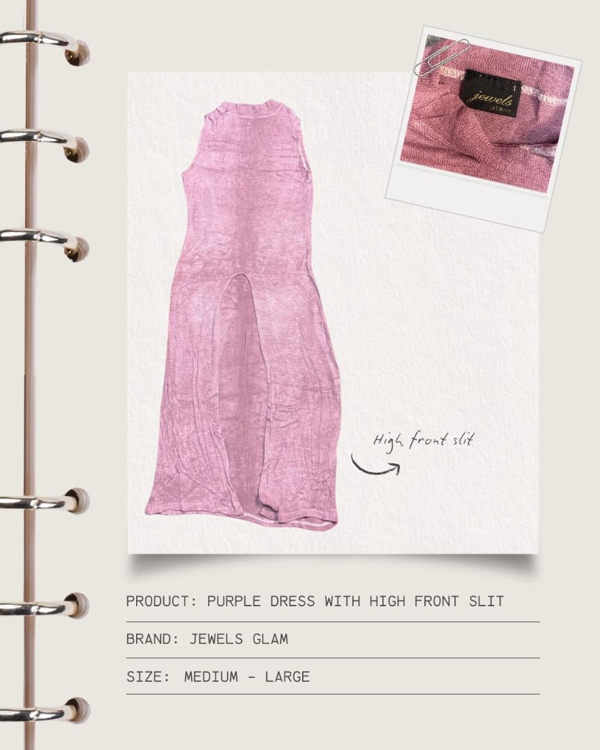 Purple Dress with High Front Slit (Category: Dresses) located in Cavite. Submitted by strawbae.moon (Listing ID 1470876825, Image 1). Description: Product: Purple Dress with High Front Slit Brand: Jewels Glam Size: Medium to Large 🧶 Item Condition: • Pre-loved • Came as a set with a short, but I can't find it >.< (Will come free with the dress if found) • With a high slit on the front • Well taken care of • Little to no flaws 💋 With discount if