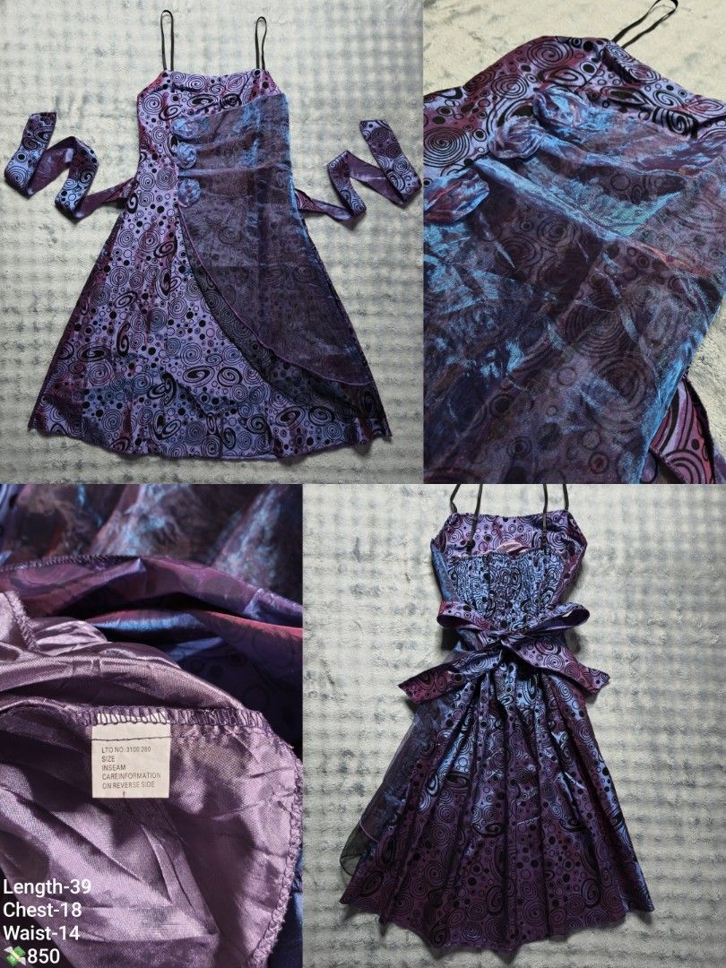 Purple Gradient Swirl Print Spaghetti Strap Midi Dress (Category: Dresses) located in Floridablanca. Submitted by vintager12 (Listing ID 1470792521, Image 1). Description: - Design: Vibrant gradient purple and blue swirly pattern with a sheer front overlay - Features: Thin spaghetti straps and adjustable waist tie straps in the back - Lining: Smooth, silky purple inner lining for extra comfort - Measurements: Length 39 inches, Chest 18 inches, Wa